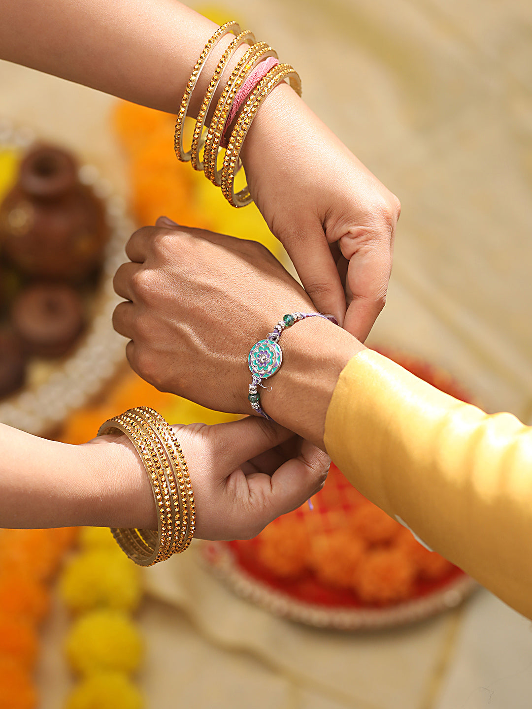 Jazz And Sizzle Set Of 2 Designer Floral Shaped And Meena Work Rakhi With Roli & Chawal