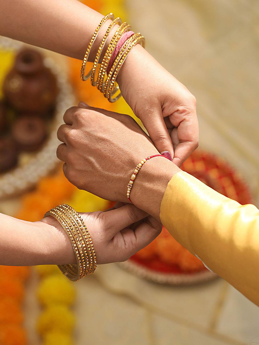 Jazz And Sizzle Set Of 2 White Faux Pearls Beaded & Enameled Thread Rakhi