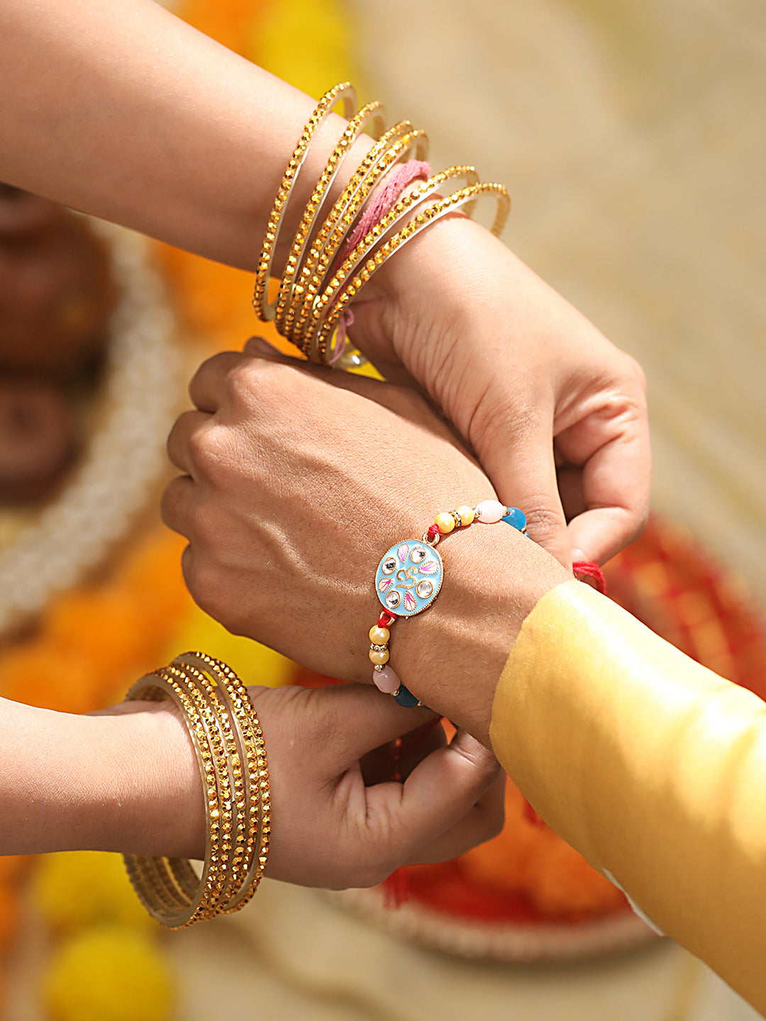 Jazz And Sizzle Set Of 2 Meena Work & Pearl Beaded Designer Thread Rakhi With Roli Chawal