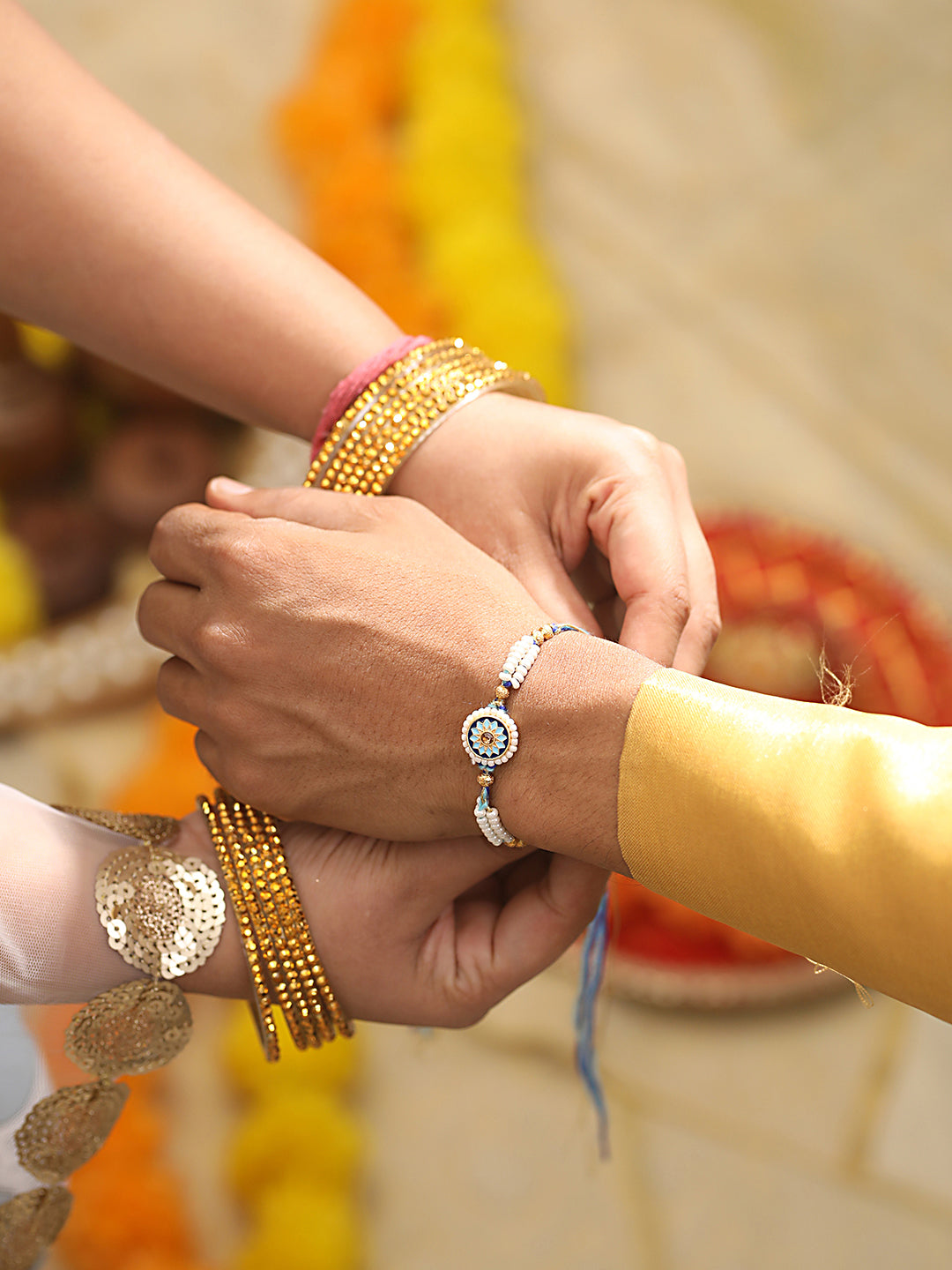 Set Of 2 Semi-Precious Stone Evil Eye & Pearl Beaded Charm Rakhi With Roli & Chawal