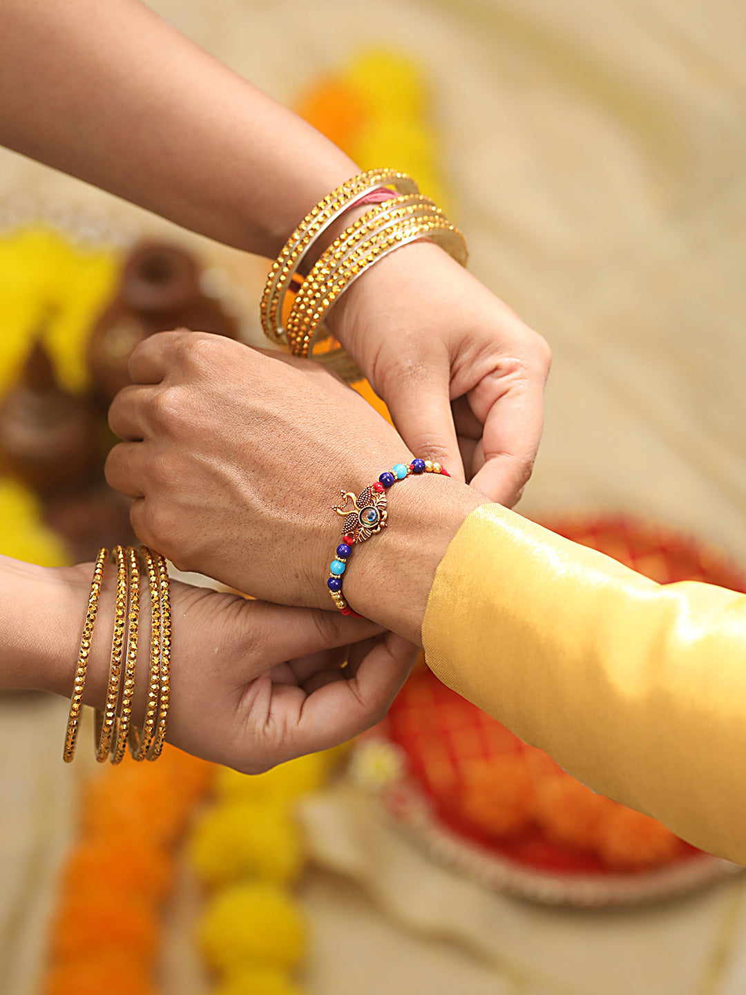 Set Of 2 Vibrant Evil Eye Peacock & Floral Shaped Rakhi With Roli & Chawal