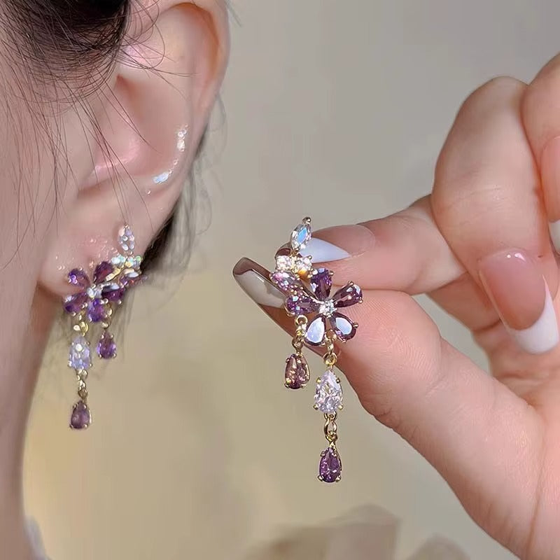 Purple Flower Zircon Tassel Drop Earrings Women's Alloy Gold Plated