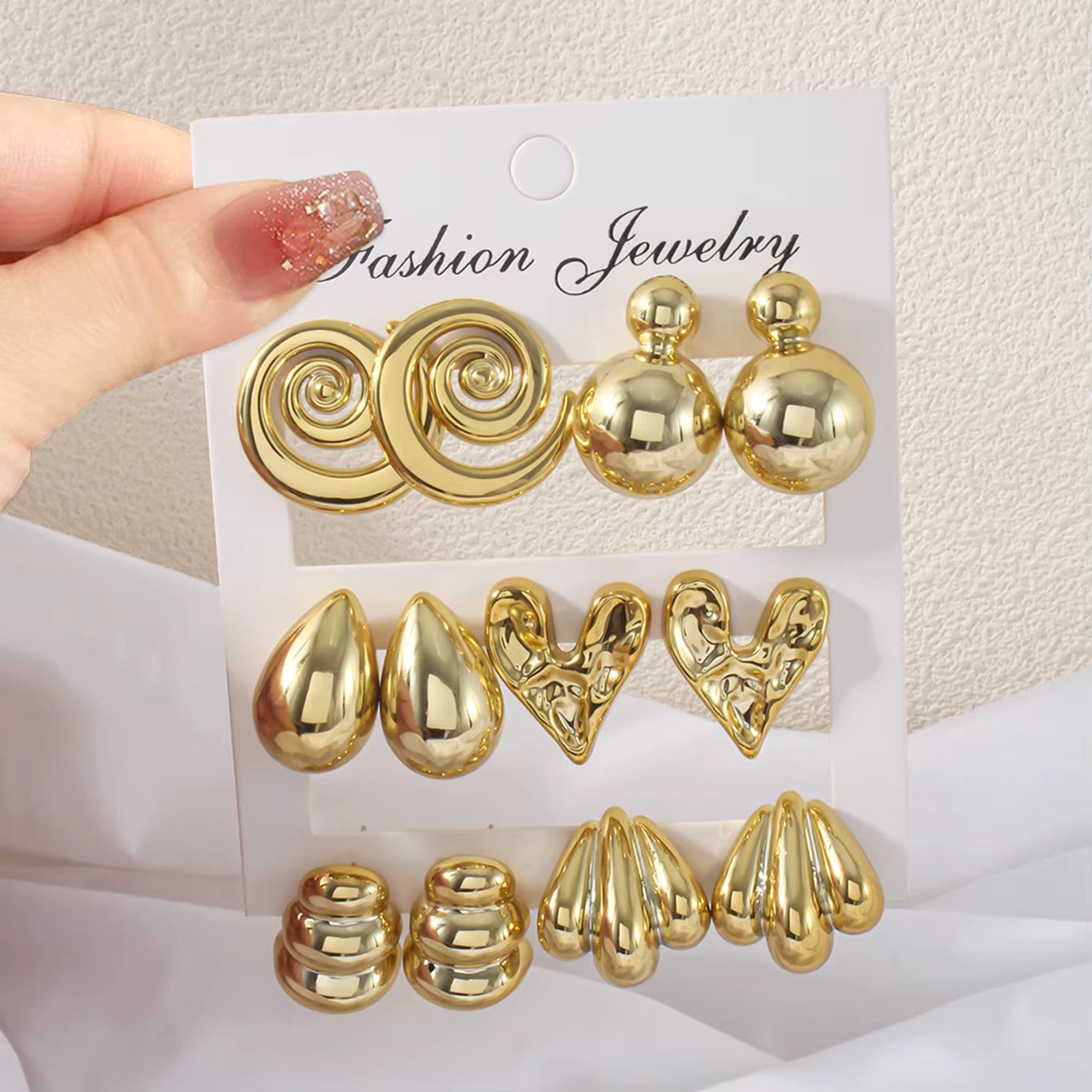 New Arrival Fashion 6-Pair Earring Set Gold Plated Heart Water Drop Women's Hoop Earring Set