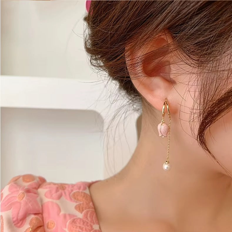 New Fashion Long Fringe Tulip Flower Earrings Jewelry Earrings for Women Temperament Pearl Light