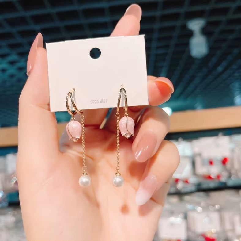New Fashion Long Fringe Tulip Flower Earrings Jewelry Earrings for Women Temperament Pearl Light