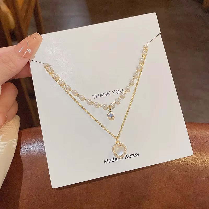 Women Stainless Steel Pearl Heart Necklace Gold Double Layer Chain