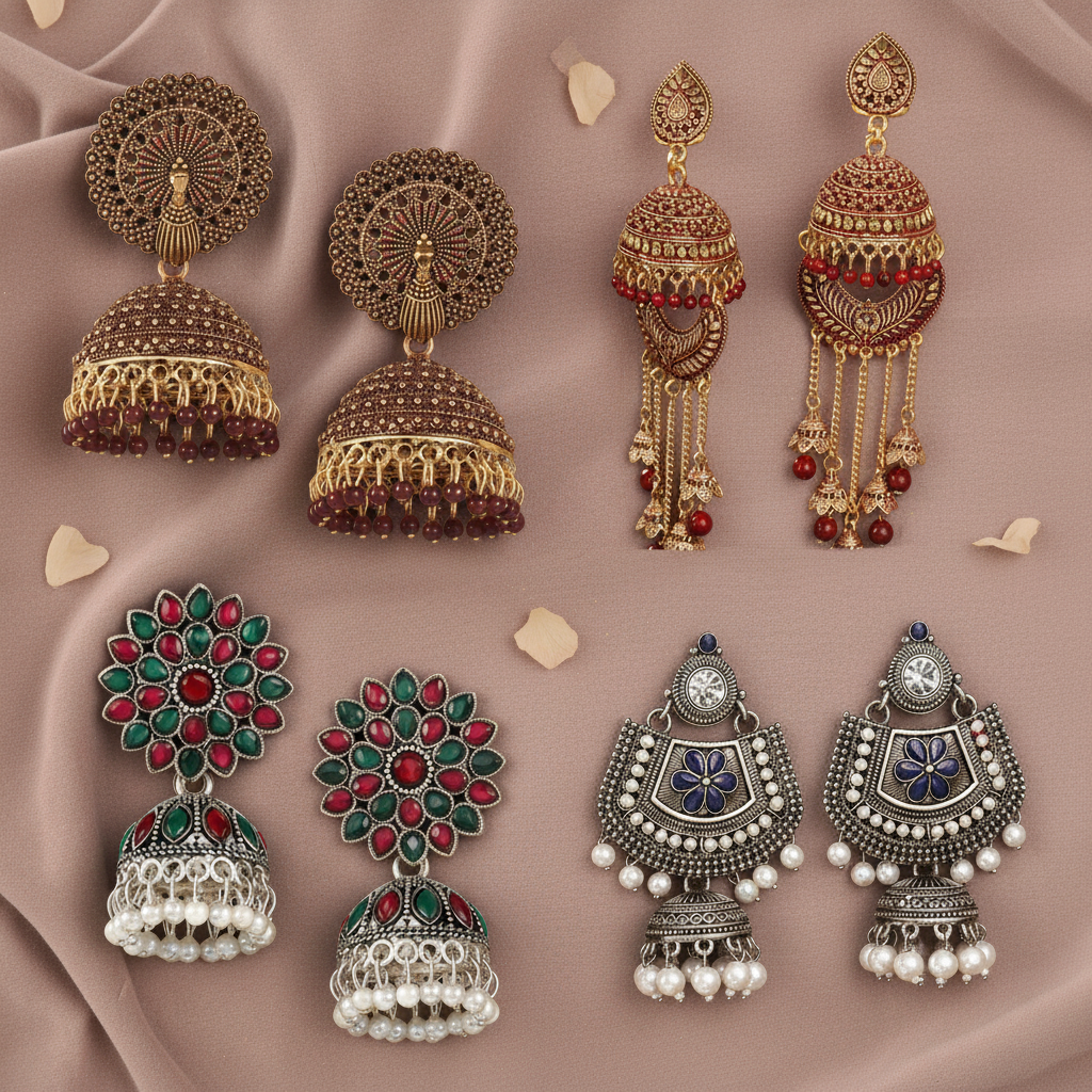 Jazz And Sizzle Set of 4 Gold & Silver Plated Multicolor Everyday Earrings Combo Set