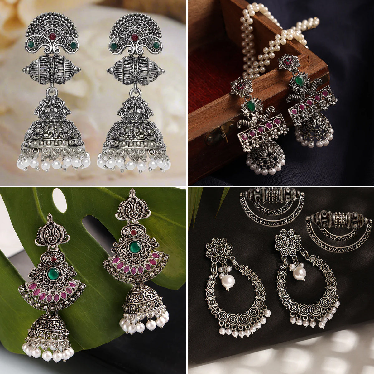 Oxidized Floral Drop Earrings,Shell Shaped Stud Earring 4IN1 for Women