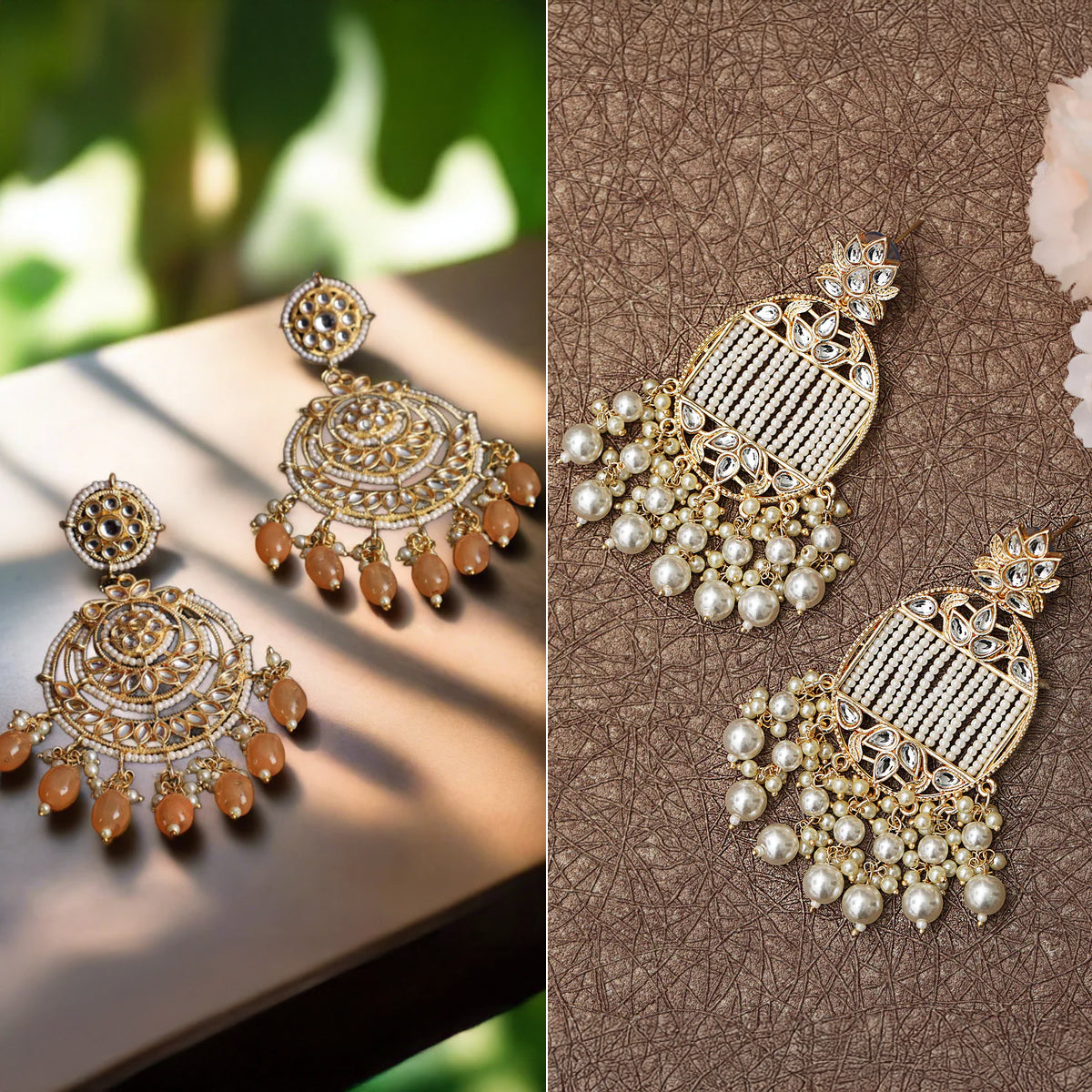 Jazz And Sizzle Set of 2 Gold Plated White & Yellow Pearl Drops Chand Bali Earrings combo