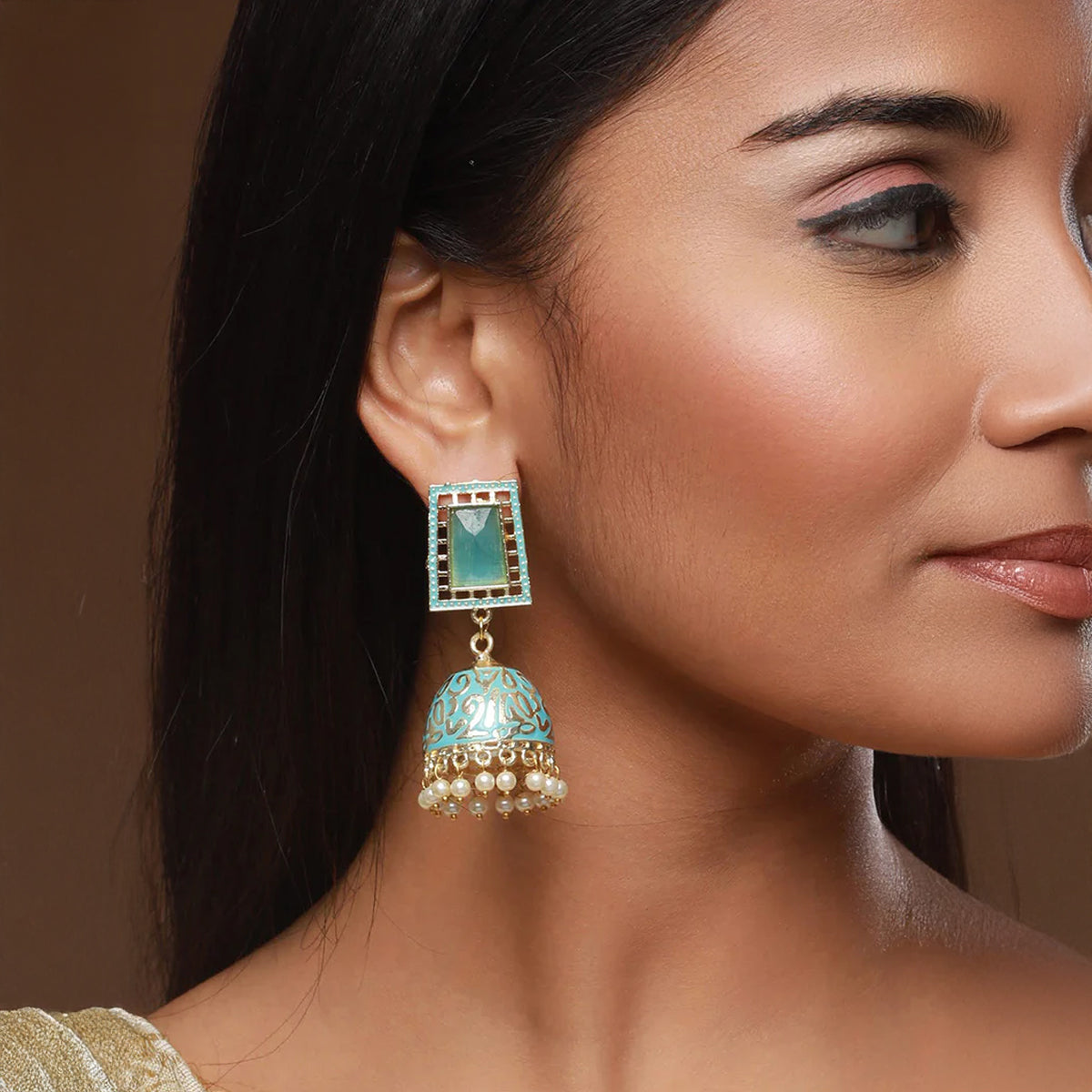 Jazz And Sizzle Set Of 3 Gold Plated Green ,White & Blue Pearl Chandbali Earring Set Combo for Women