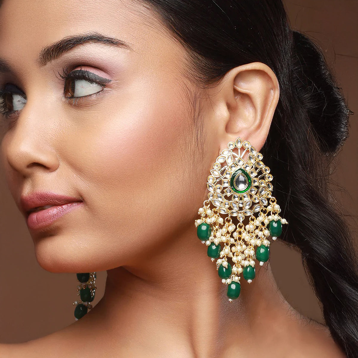 Jazz And Sizzle Set Of 3 Gold Plated Green ,White & Blue Pearl Chandbali Earring Set Combo for Women