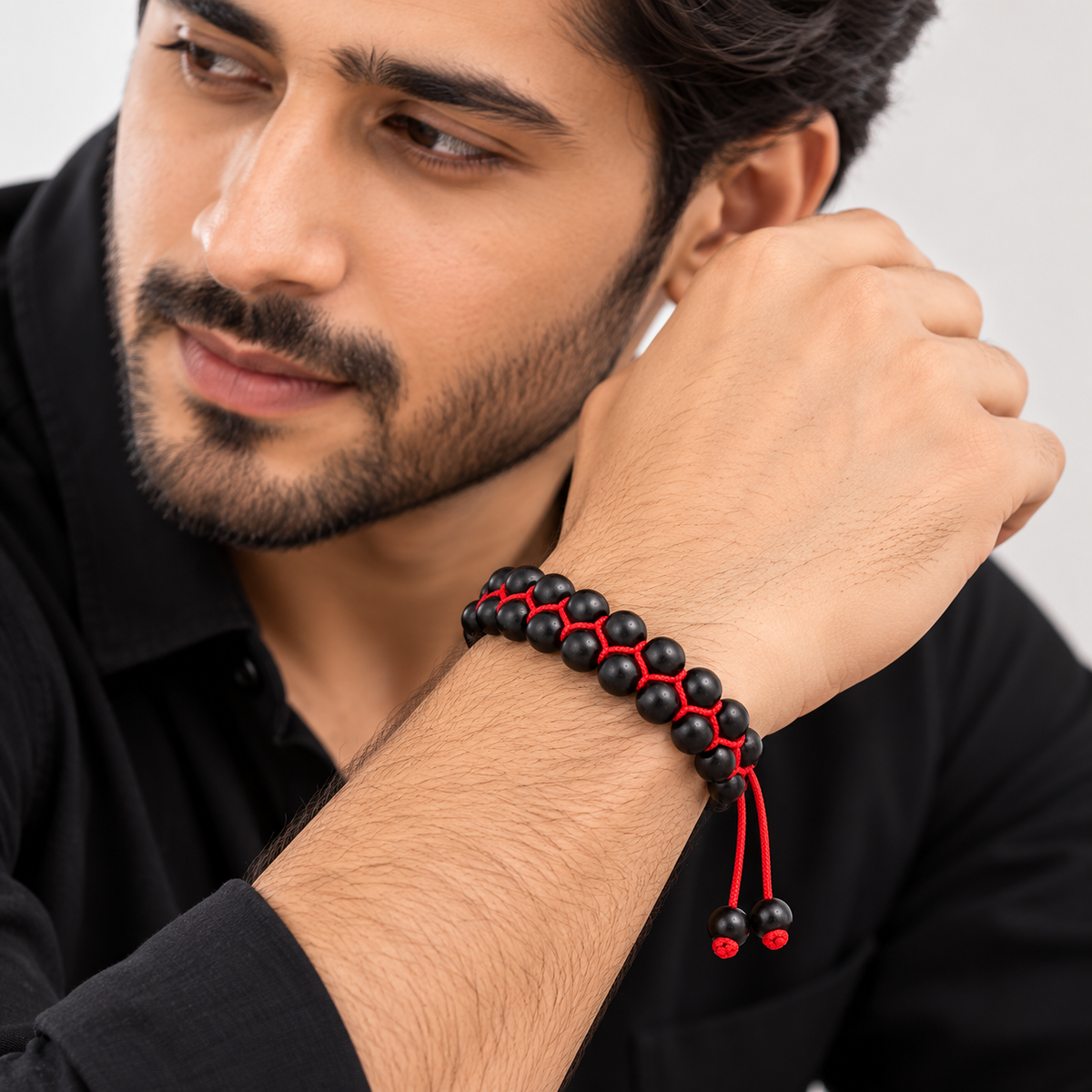 Men Black Karungali Beaded 2-Layer Adjustable Bracelet with Red Thread | JS-SBR-043