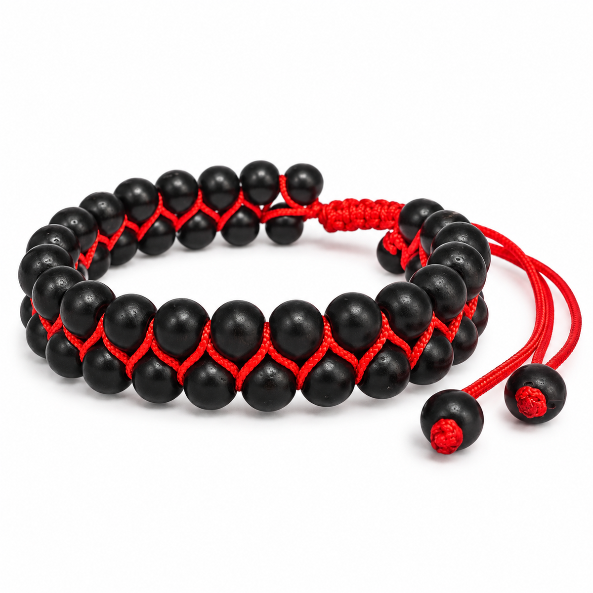 Men Black Karungali Beaded 2-Layer Adjustable Bracelet with Red Thread | JS-SBR-043