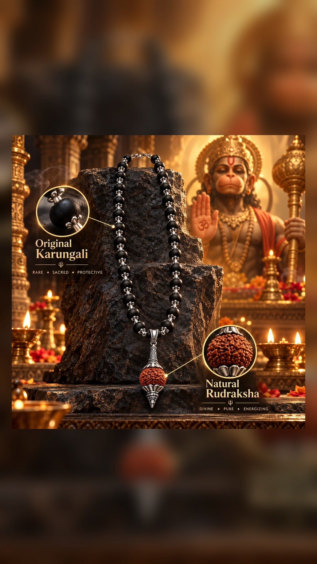 Original Karungali Wood & Rudraksha Beads Silver-Tone Pendant Mala- js-snl-035