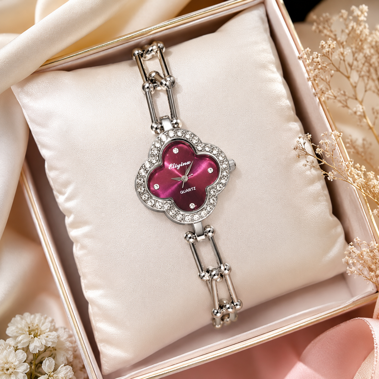 Silver-Toned Crystal-Studded Clover Dial Bracelet Watch for Women | Elegant Fashion Wrist Watch