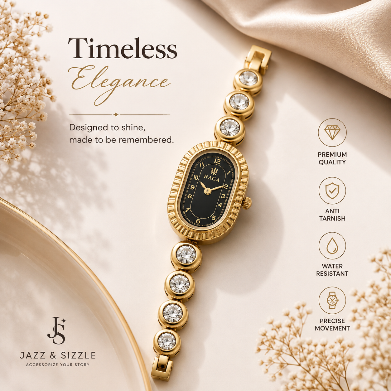 Women's Gold-Plated Crystal Bracelet Watch | Black Oval Dial Analog Watch | Anti-Tarnish Elegant Fashion Watch for Women & Girls