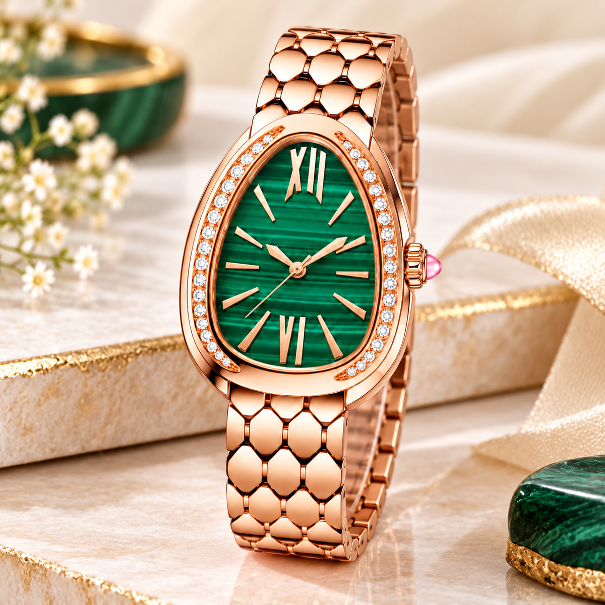 Rose Gold Stainless Steel Green Dial Analog Watch for Women WJ-JS26-LD049