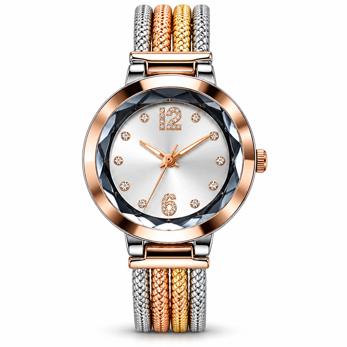 Tricolor Stainless Steel Crystal Studded Analog Watch for WomenWJ-JS26-LD050