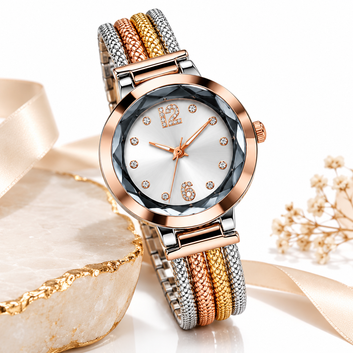 Tricolor Stainless Steel Crystal Studded Analog Watch for WomenWJ-JS26-LD050