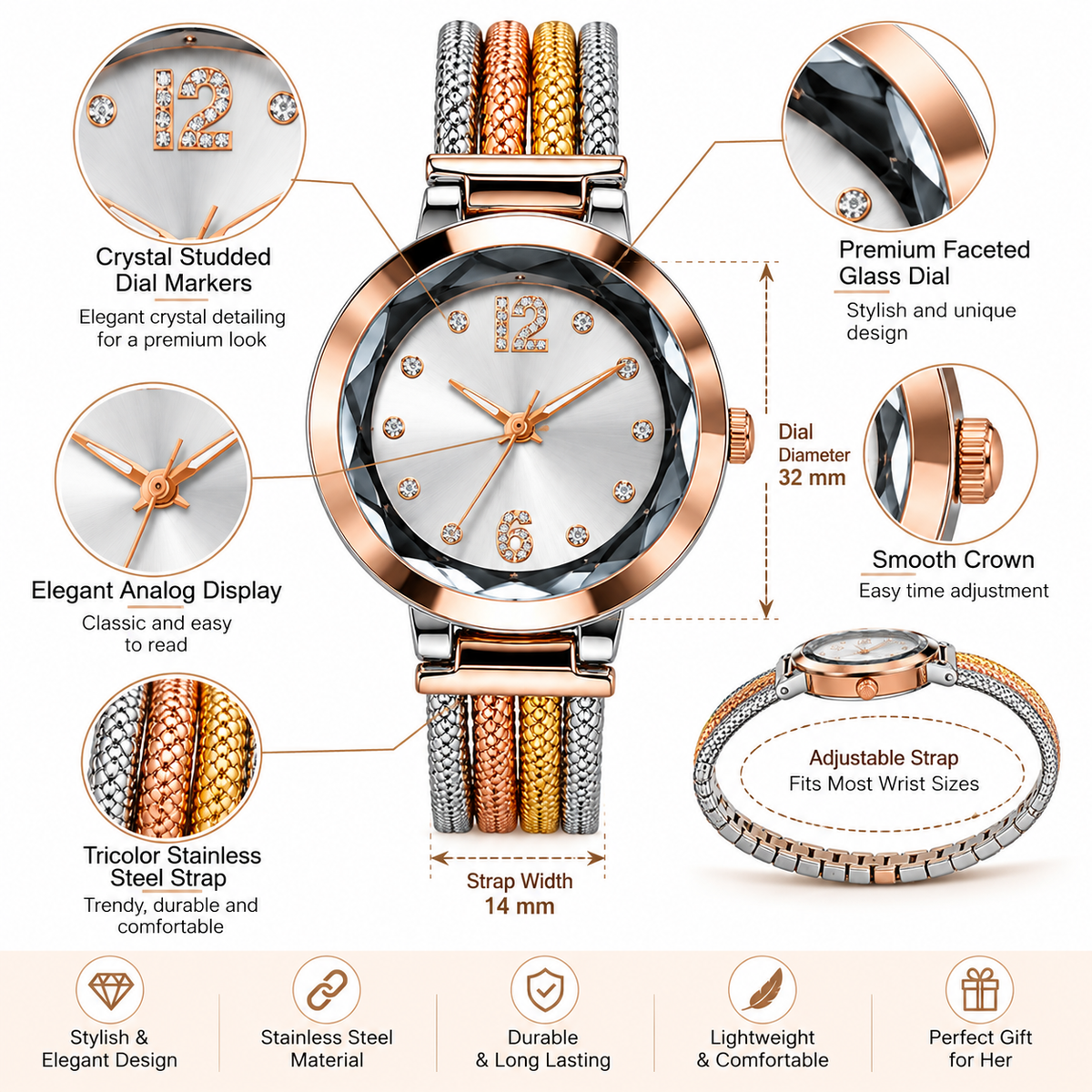 Tricolor Stainless Steel Crystal Studded Analog Watch for WomenWJ-JS26-LD050