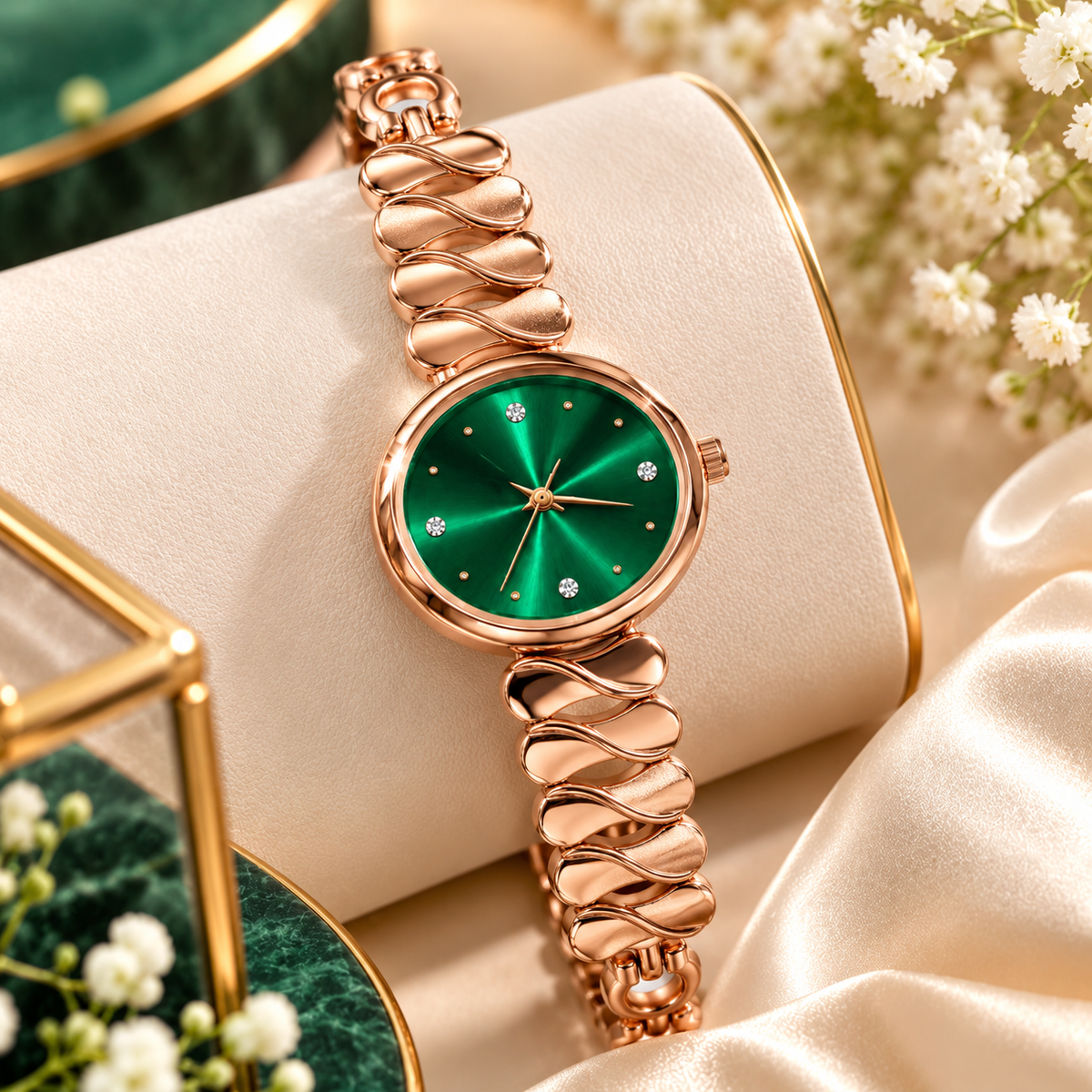 Rose Gold Stainless Steel Green Dial Analog Watch for Women-WJ-JS26-LD052