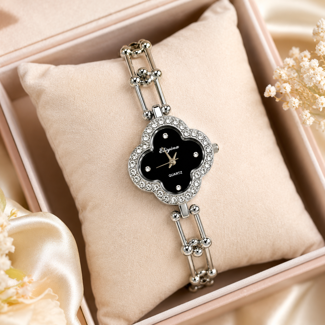 Silver-Toned Crystal-Studded Clover Dial Bracelet Watch for Women | Elegant Analog Quartz Wrist Watch