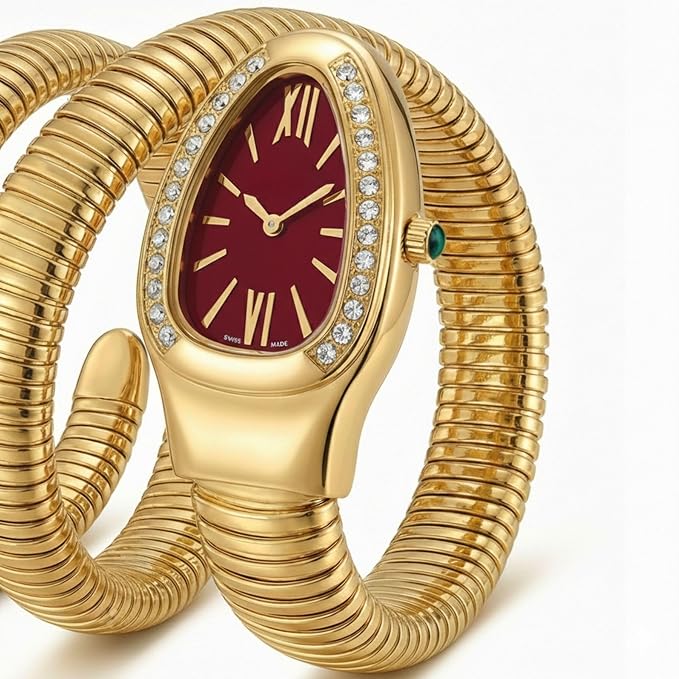 Serpentine Snake Watch, Red | Spiral Bracelet, Roman Number Dial, Quartz Movement, Waterproof, Luxury Metal Bezel