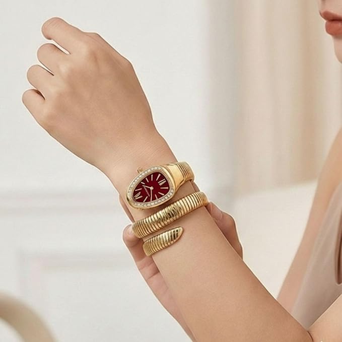 Serpentine Snake Watch, Red | Spiral Bracelet, Roman Number Dial, Quartz Movement, Waterproof, Luxury Metal Bezel