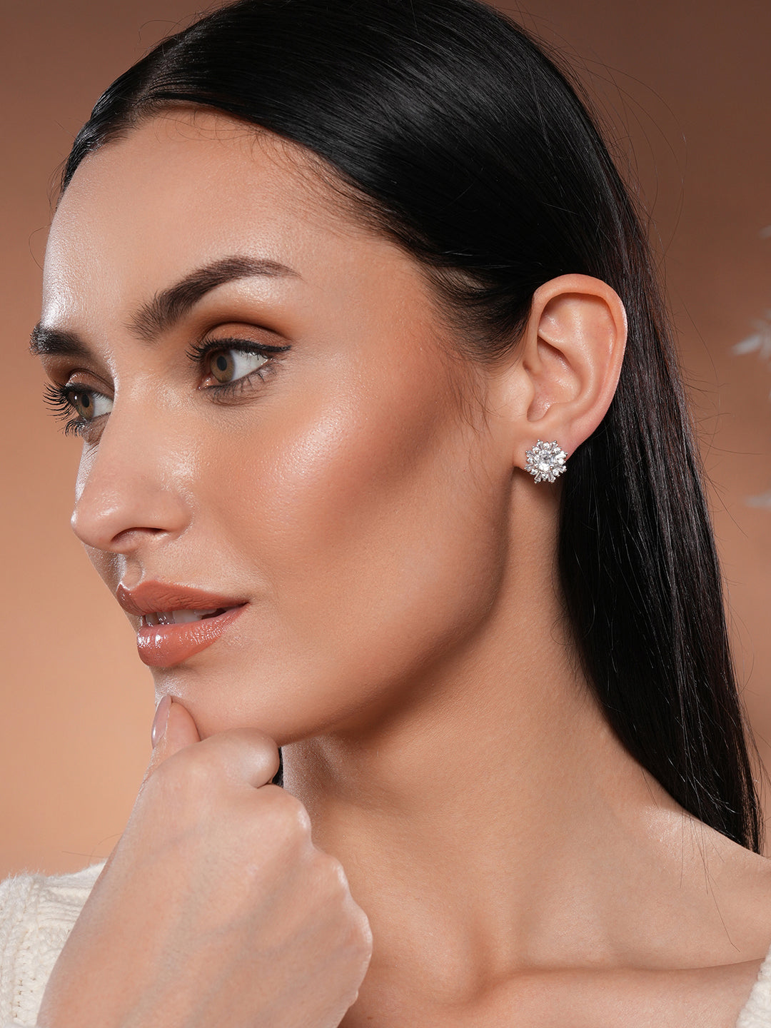 Jazz And Sizzle Silver-Plated American Diamond Studded Floral Stud Earrings