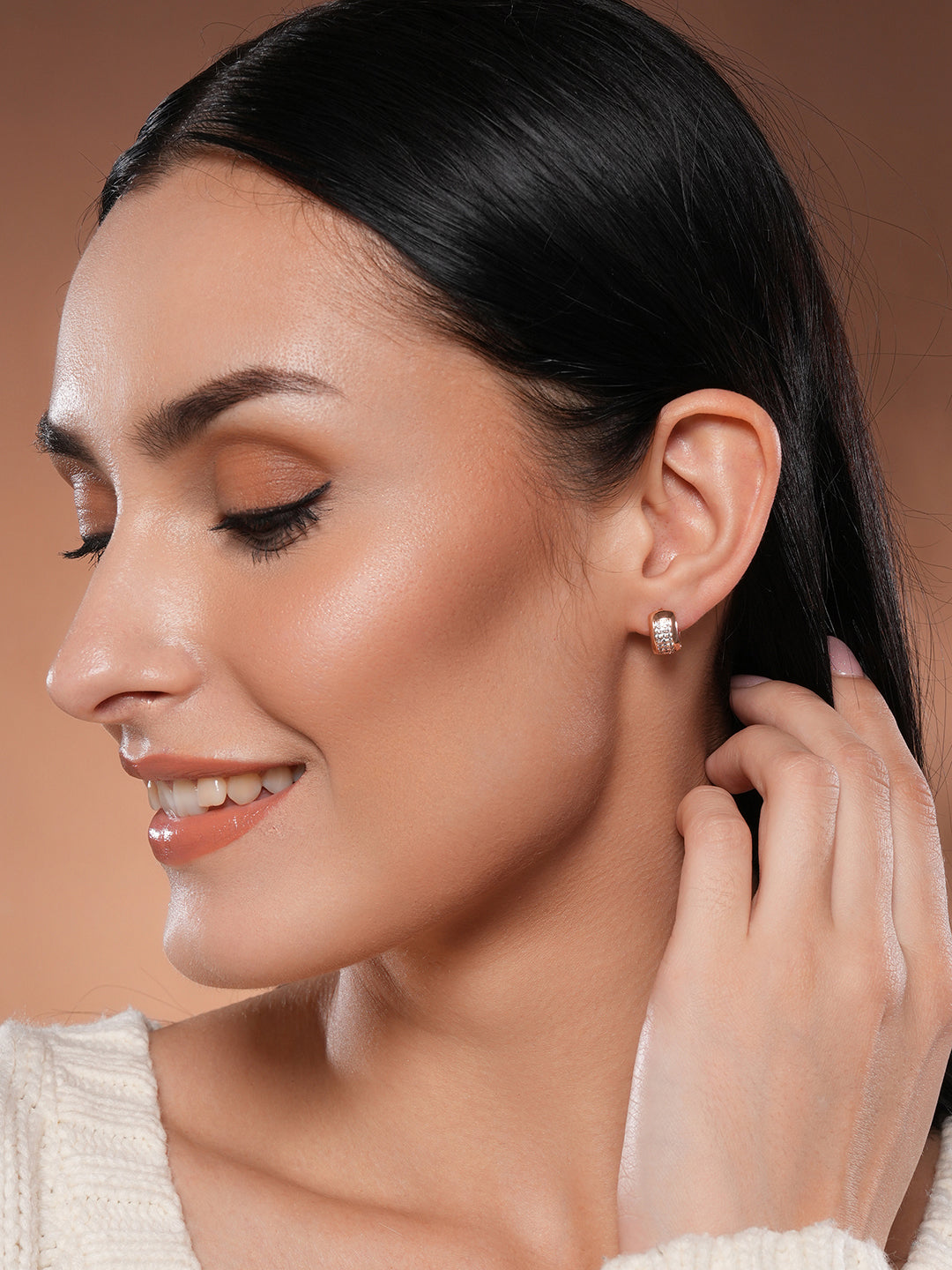 Jazz And Sizzle Rose Gold-Toned Crystal Studded Circular Hoop Earrings