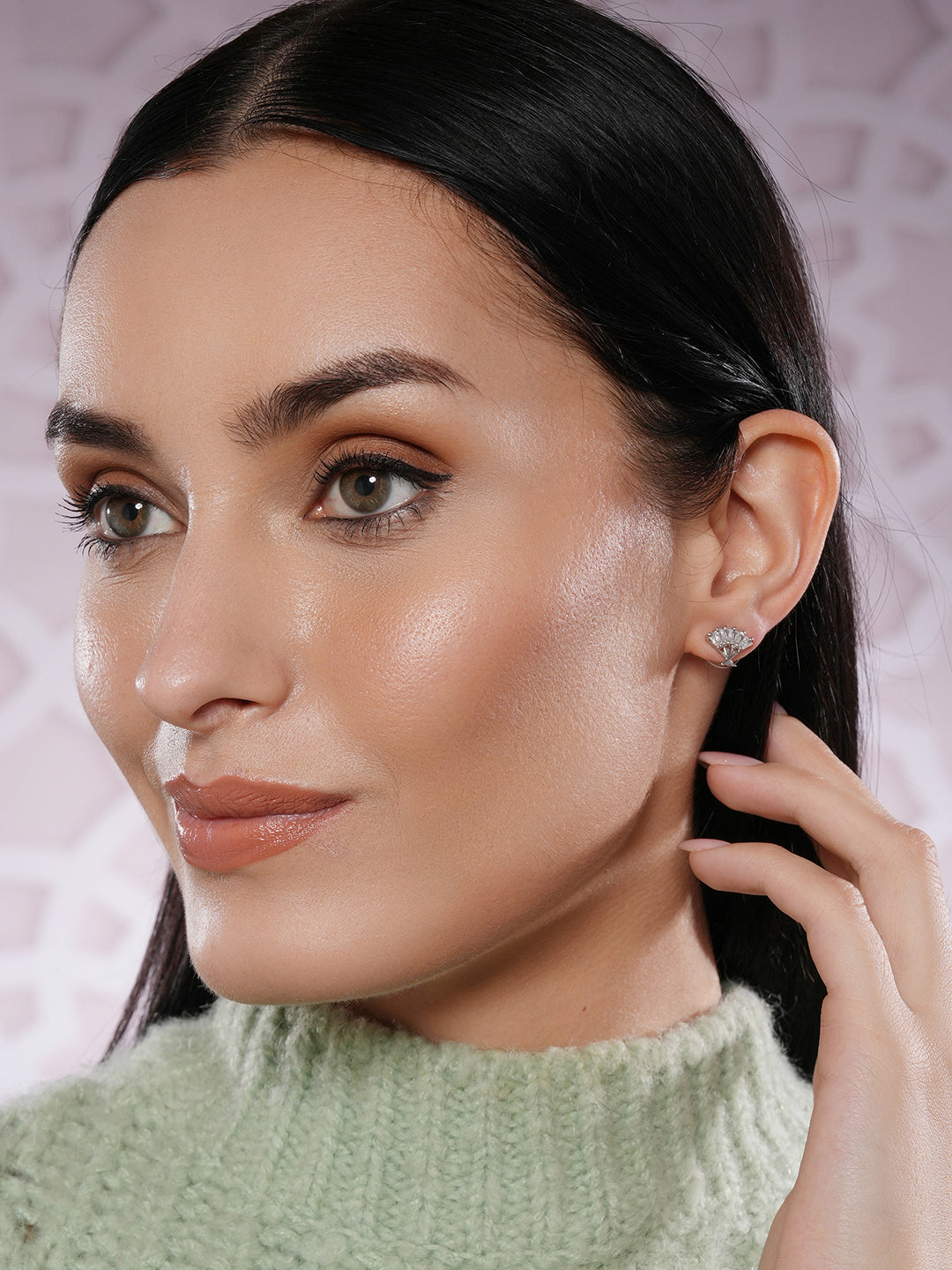 Jazz And Sizzle Silver-Toned Rhodium-Plated CZ-Studded Fan Shaped Stud Earrings