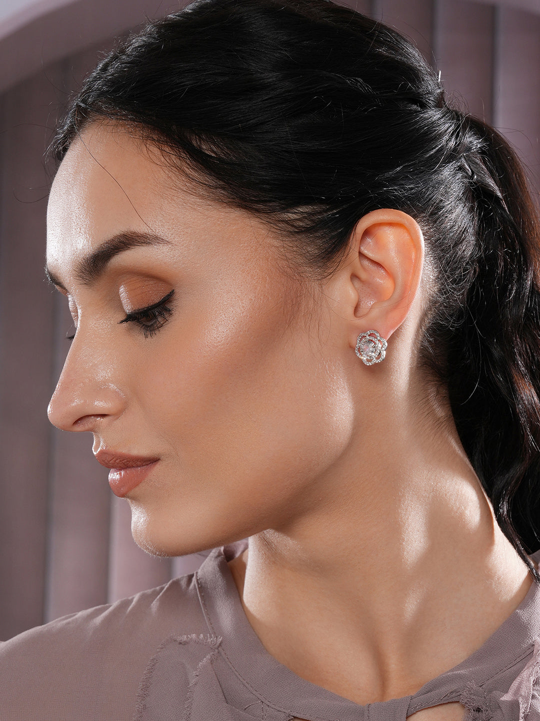 Jazz And Sizzle Silver-Plated American Diamond Studded Floral Stud Earrings