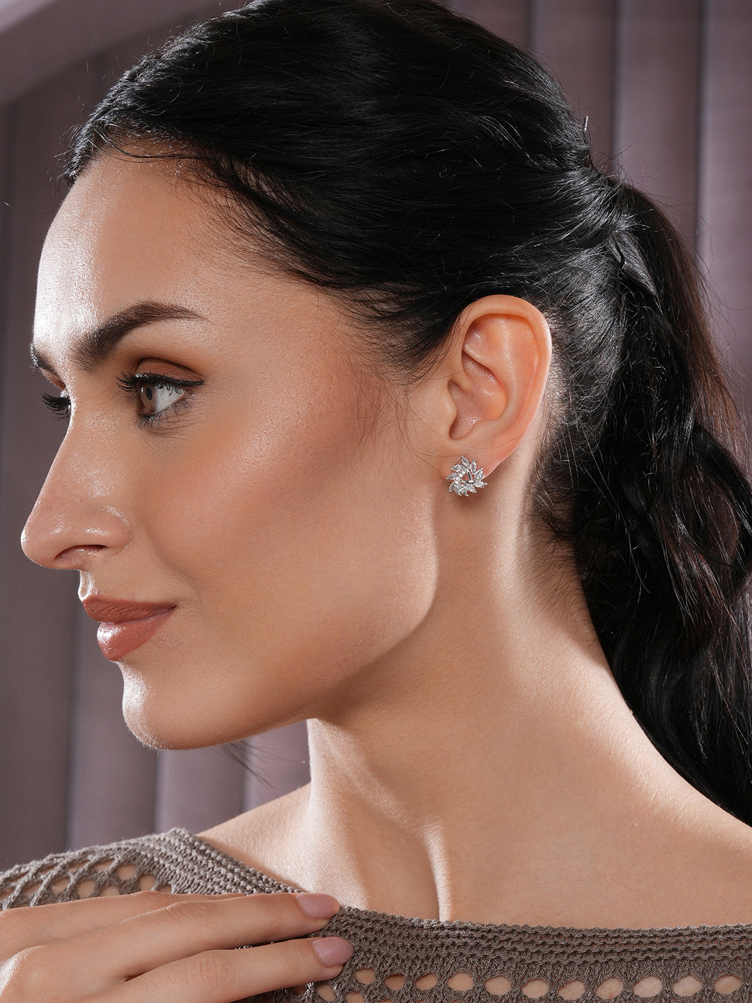 Jazz And Sizzle Rhodium-Plated CZ Studded Triangular Floral Studs Earrings