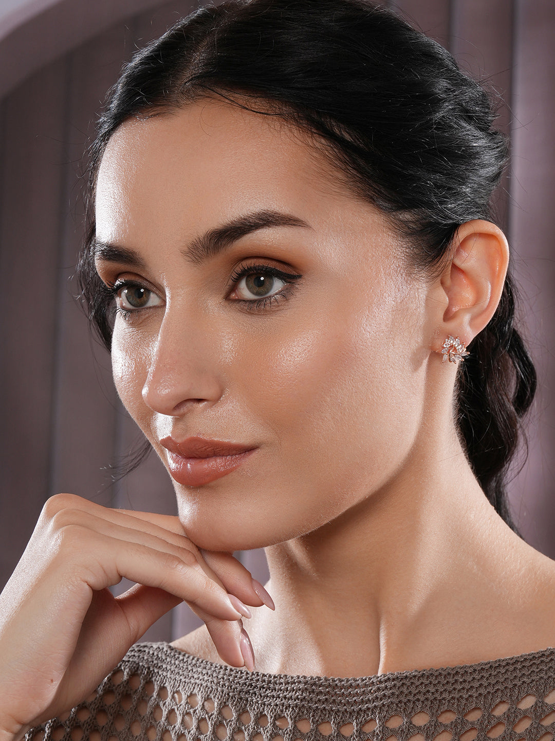 Jazz And Sizzle Rose Gold-Plated CZ Studded Triangular Floral Studs Earrings