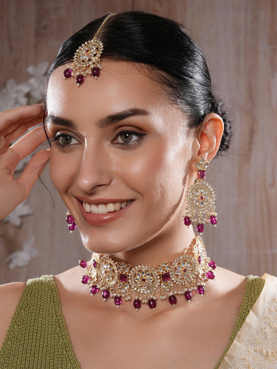 Jazz And Sizzle 18 k Gold Plated Kundan & Zirconia Studded Pearl Beaded Jewellery Set With Maangtikka