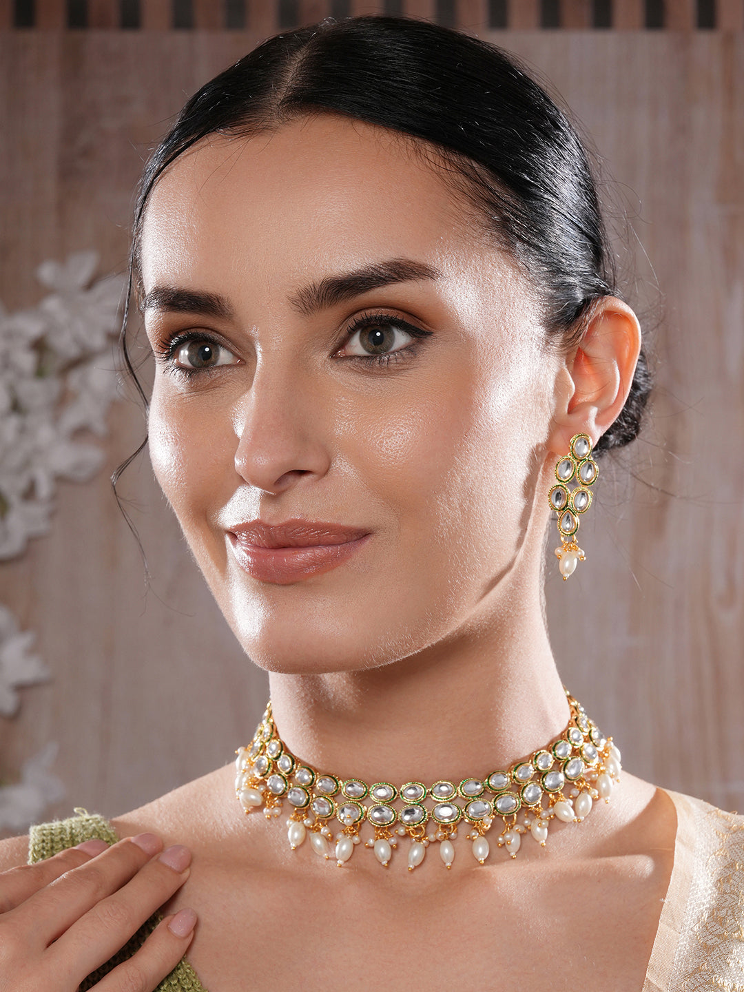 Jazz And Sizzle Gold-Plated Kundan-Studded & White Beaded Handcrafted Jewellery Set