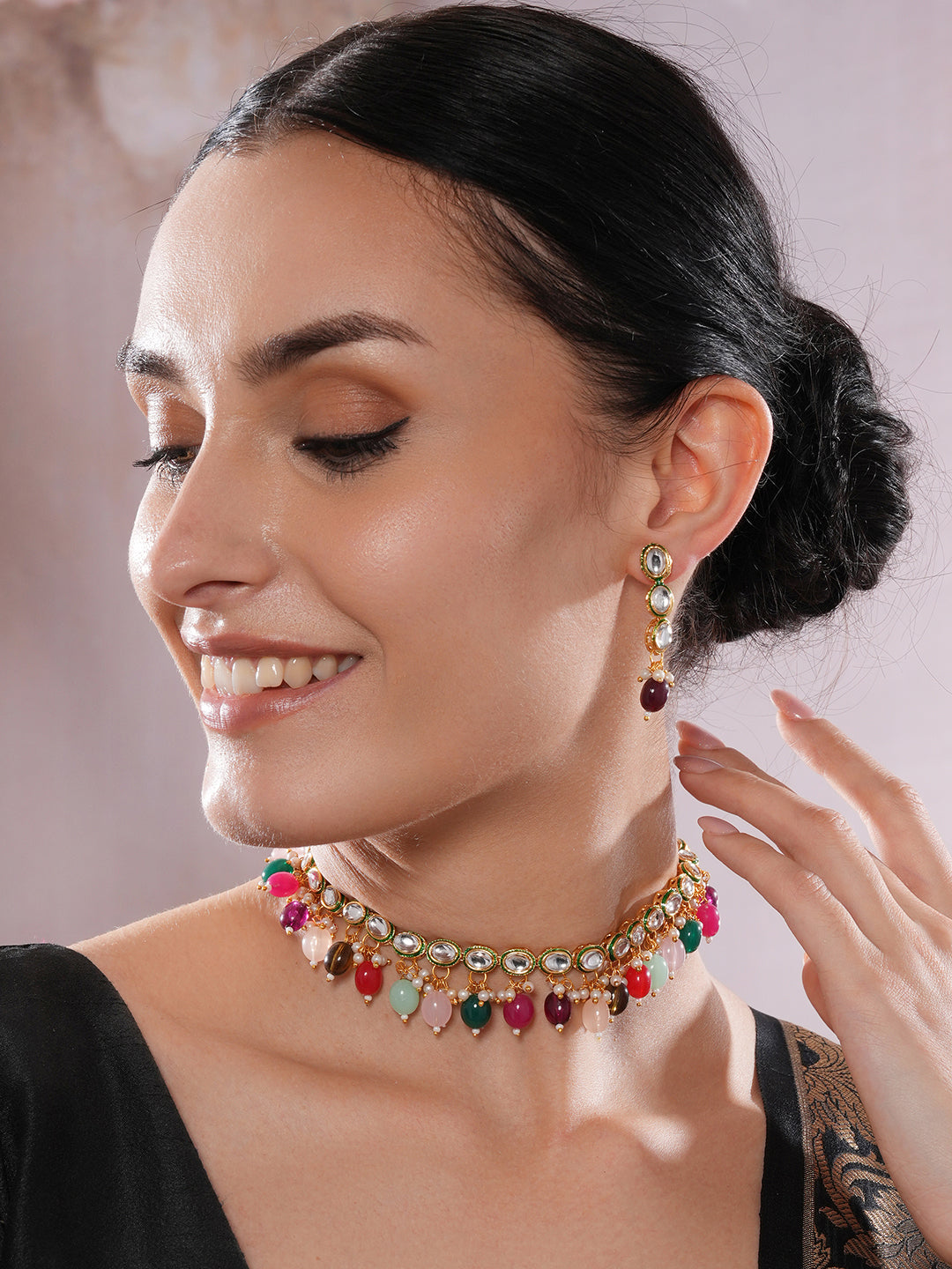 Jazz And SizzleJazz And Sizzle Gold-Plated Kundan-Studded & Multicolor Pearl Beaded Handcrafted Jewellery Set