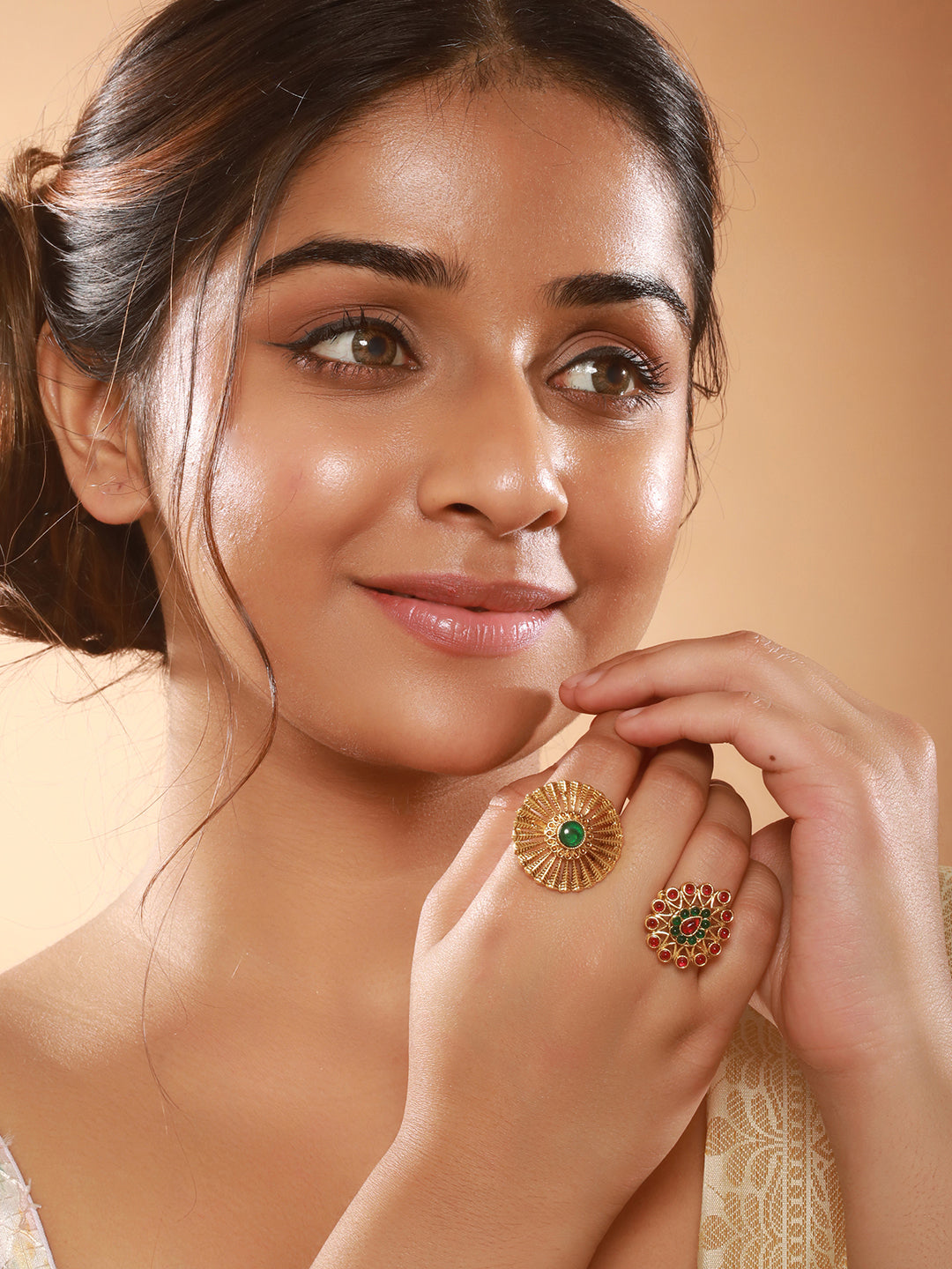 Set Of 2 Gold-Plated Red & Green Stone Studded Rings