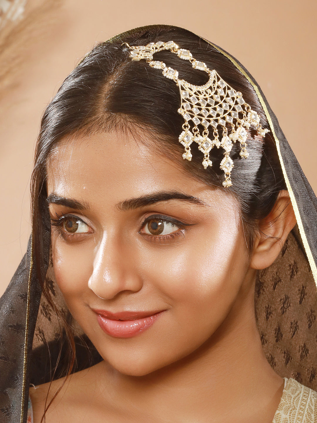 Gold-Plated Kundan Studded & Beaded Crescent Shaped Chandbalis Style Jhumar Passa