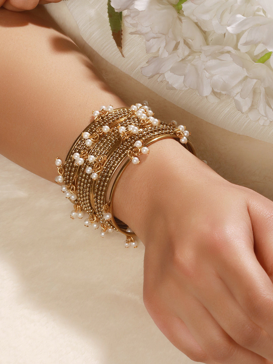 Set Of 12 Gold-Plated & Mogra Pearl Beaded Bangles