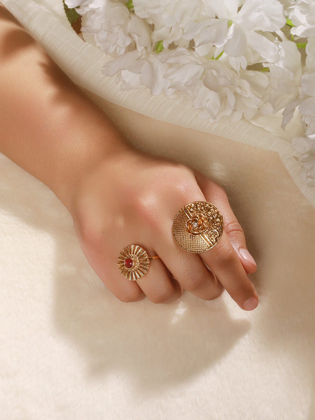 Set Of 2 Gold-Plated Red & WhiteStone Studded Rings