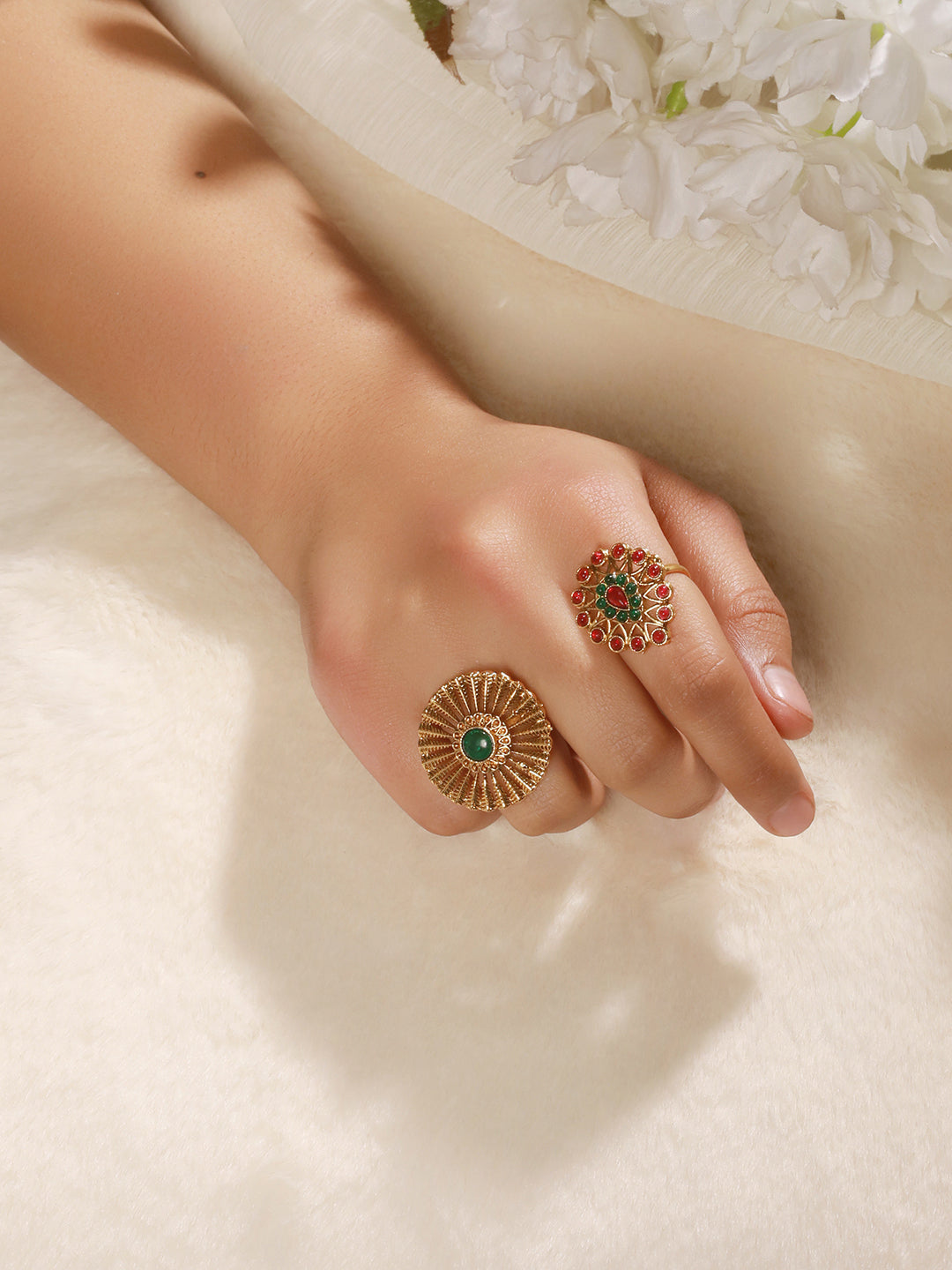 Set Of 2 Gold-Plated Red & Green Stone Studded Rings