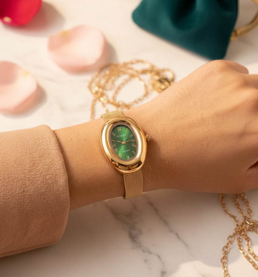 Jazz And Sizzle Vintage Emerald Green Oval Dial Anti-Tarnish Gold Plated Watch|Quartz Movement, Waterproof, Luxury Metal Bezel