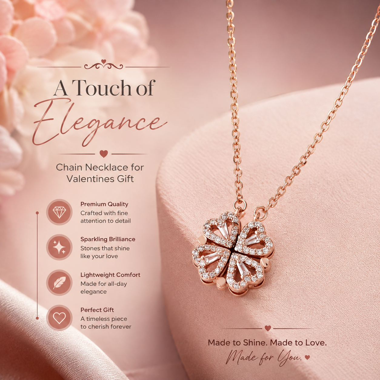 Jazz And Sizzle Rose Gold Plated Heart Shaped Pendent Chain Necklace for Valentines Gift