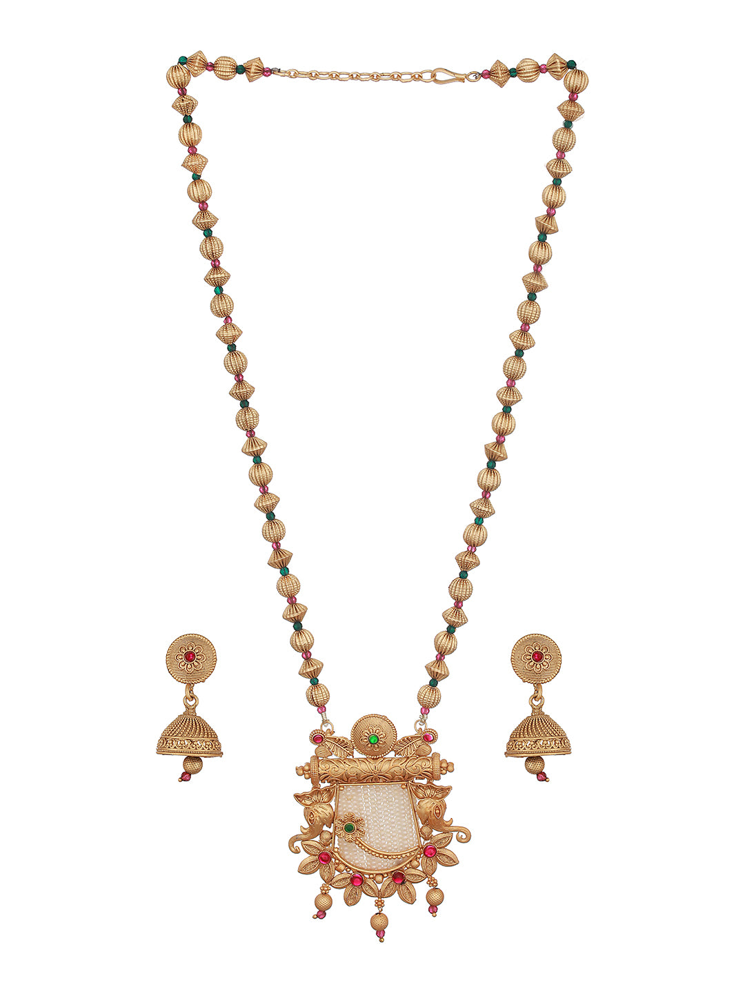 24K Gold-Plated & Red Stone Studded & Pearl Beaded Handcrafted Traditional Necklace Set - Jazzandsizzle