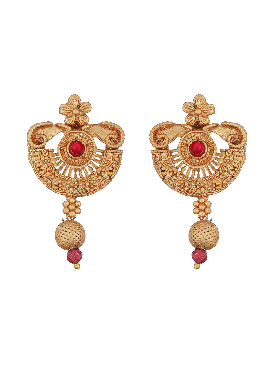 Gold-Plated Red Stone Studded & White Pearl Beaded Traditional Jewellery Set - Jazzandsizzle