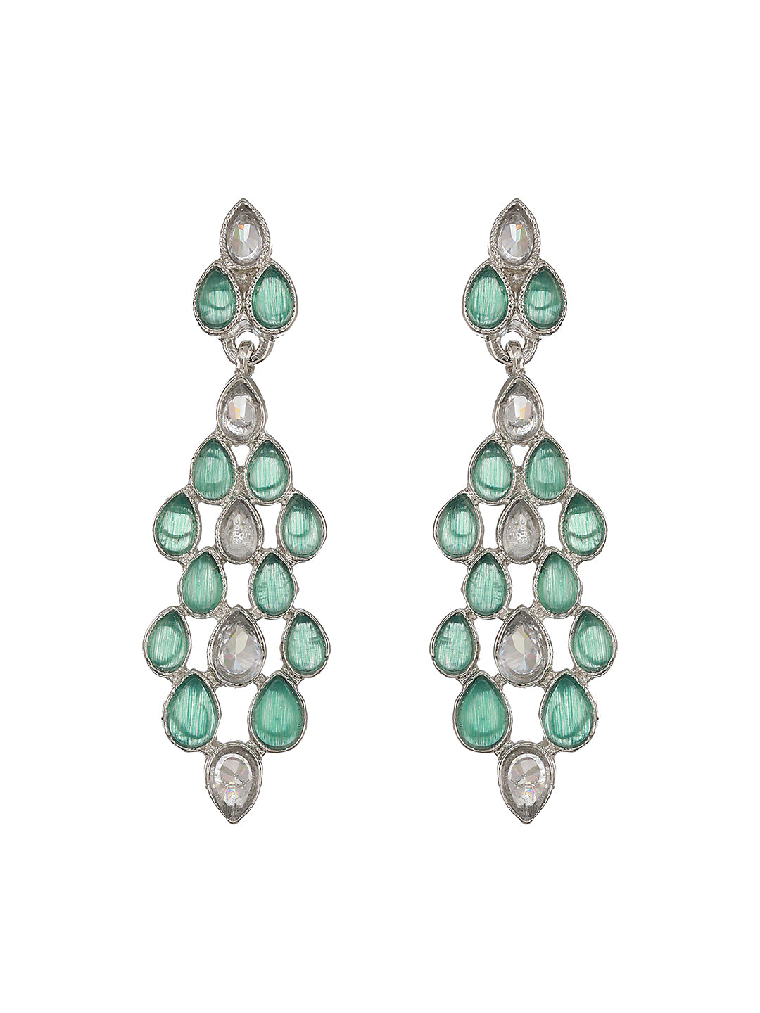 Silver-Plated Green & White AD-Studded Necklace and Earrings - Jazzandsizzle