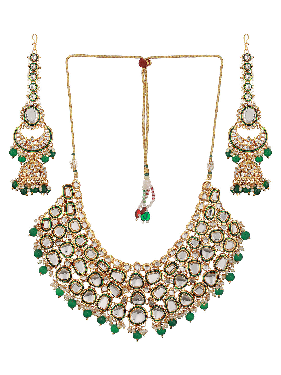Gold-Plated Green & White Kundan-Studded & Beaded Handcrafted Jewellery Set - Jazzandsizzle