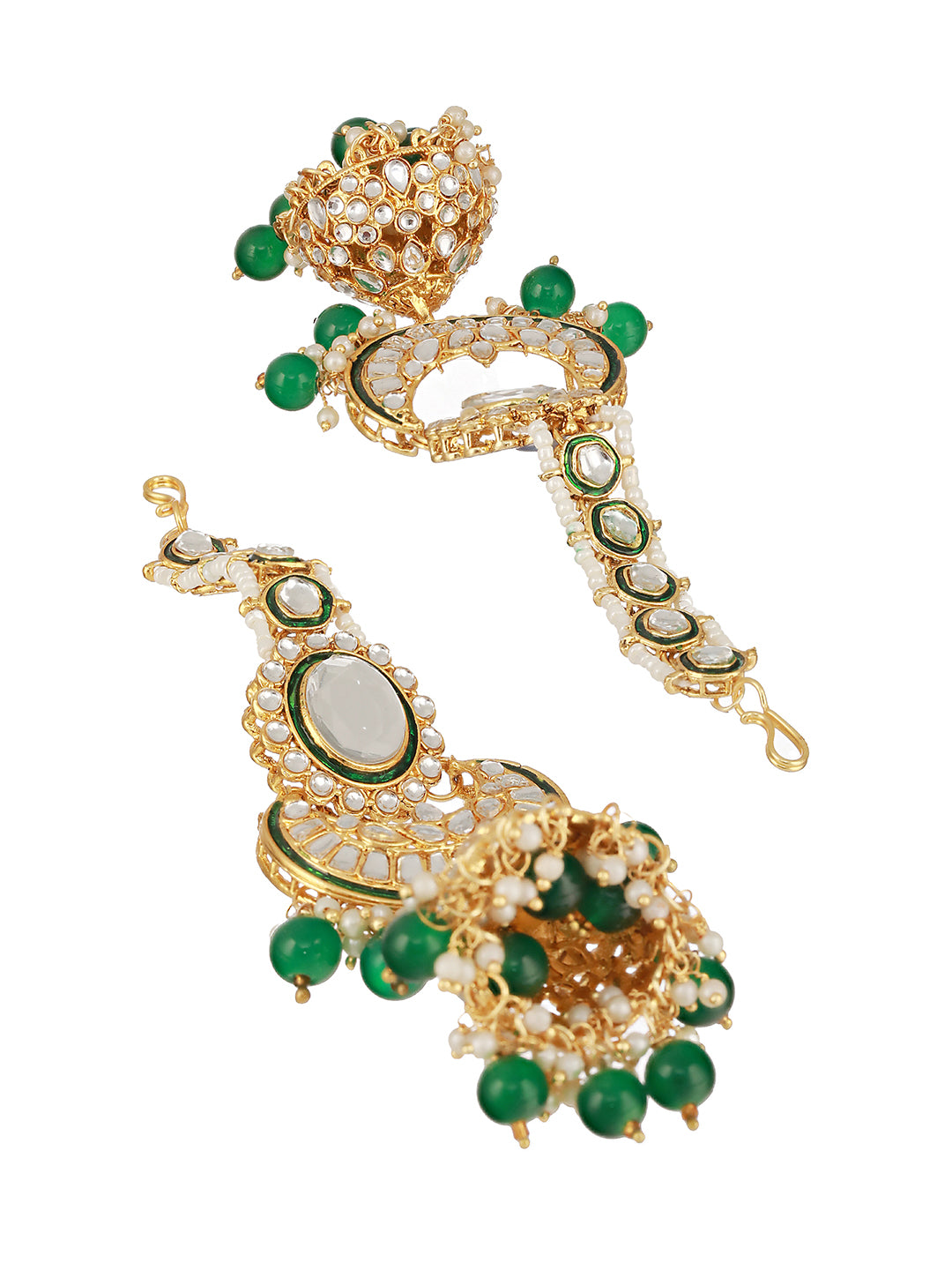 Gold-Plated Green & White Kundan-Studded & Beaded Handcrafted Jewellery Set - Jazzandsizzle