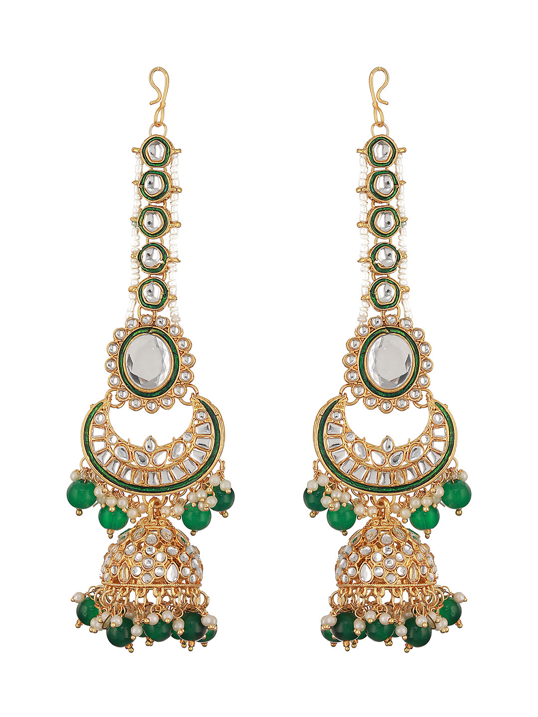 Gold-Plated Green & White Kundan-Studded & Beaded Handcrafted Jewellery Set - Jazzandsizzle
